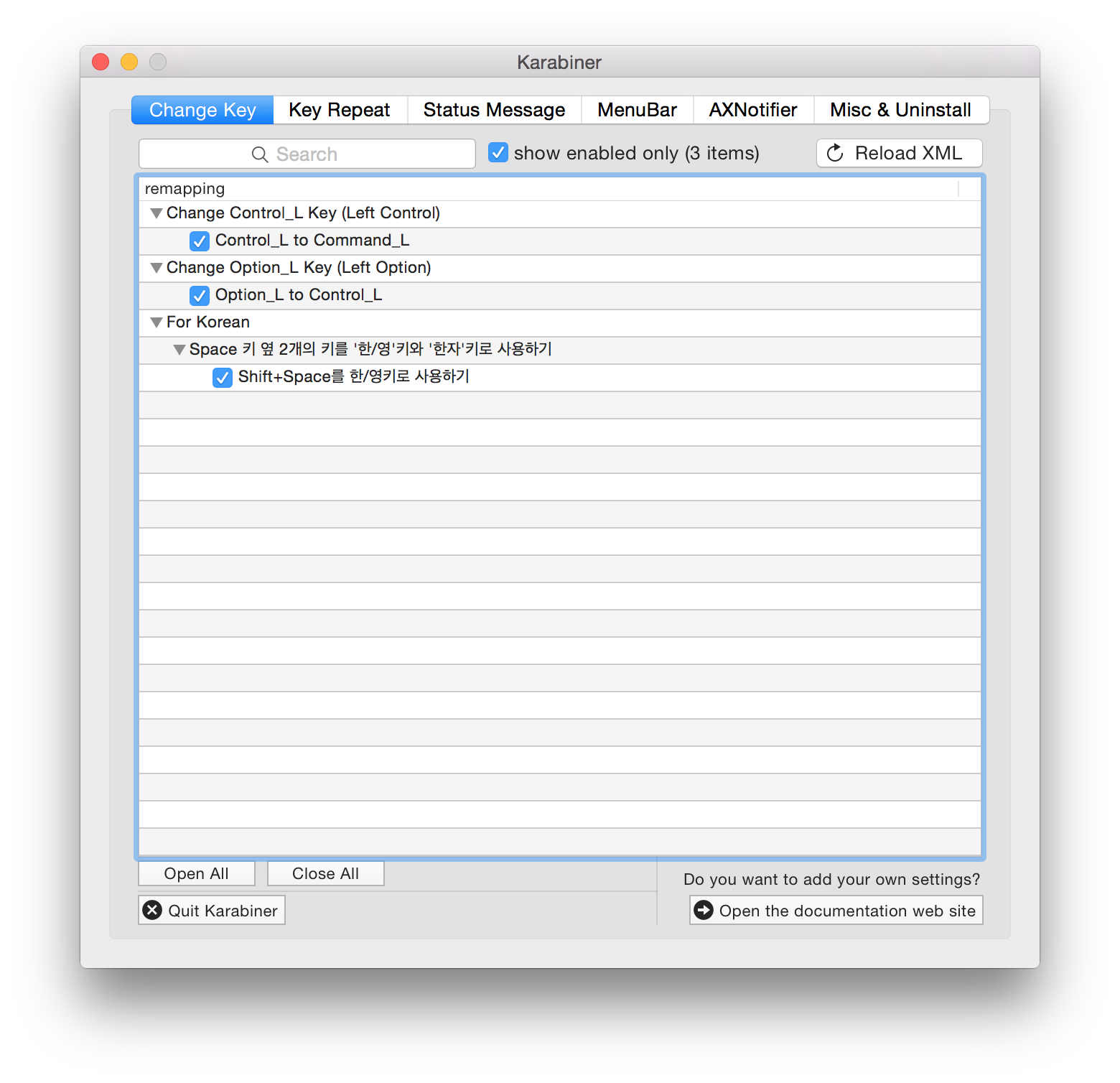 2015-07-25 karabiner pref.png OS X에서 Karabiner를 이용한 입력키 변경 (command -> ctrl)